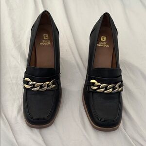 White Mountain Black Loafers with Gold Chain